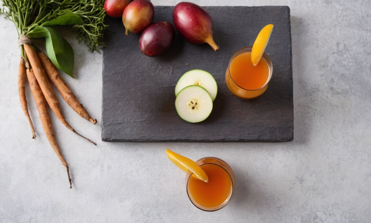 abc juice apple beet carrot two servings on a table with ingredients nearby