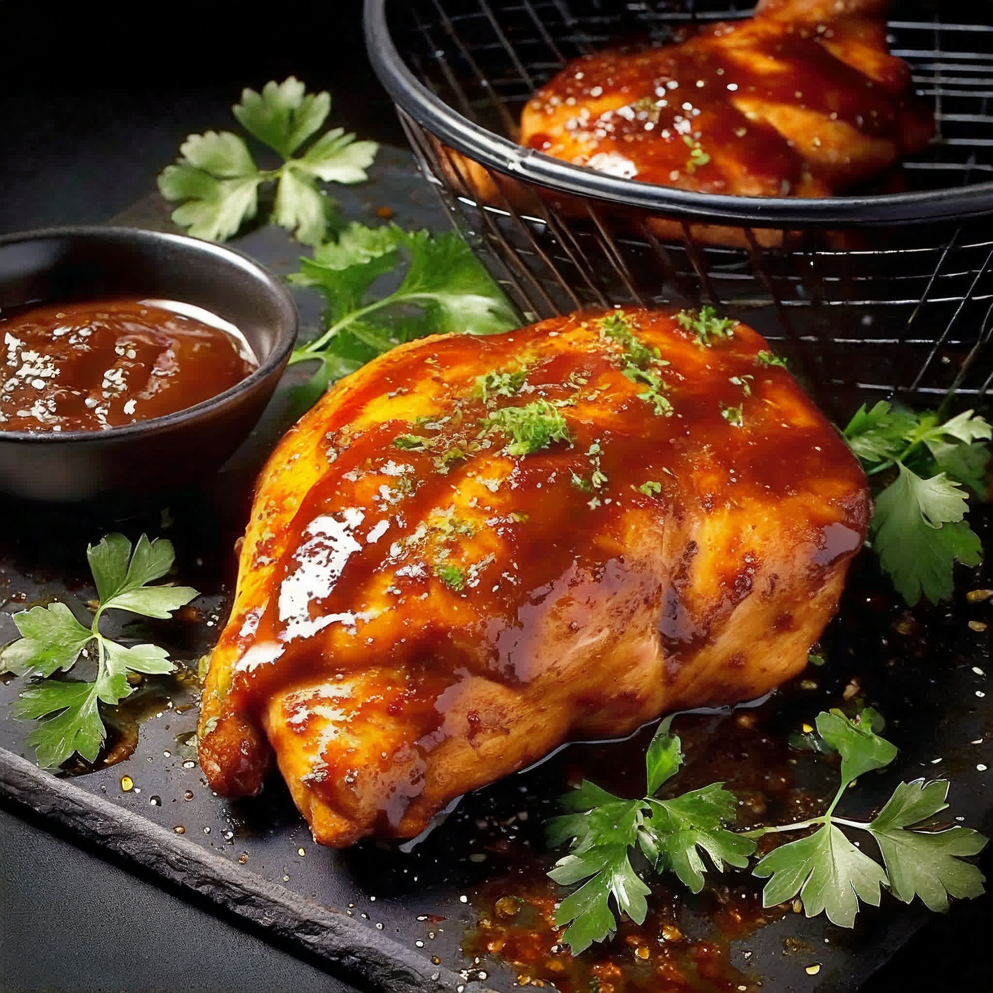 bbq chicken in an air fryer basket garnished with parsley.