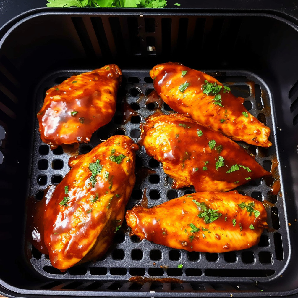 bbq chicken in an air fryer basket garnished with parsley.