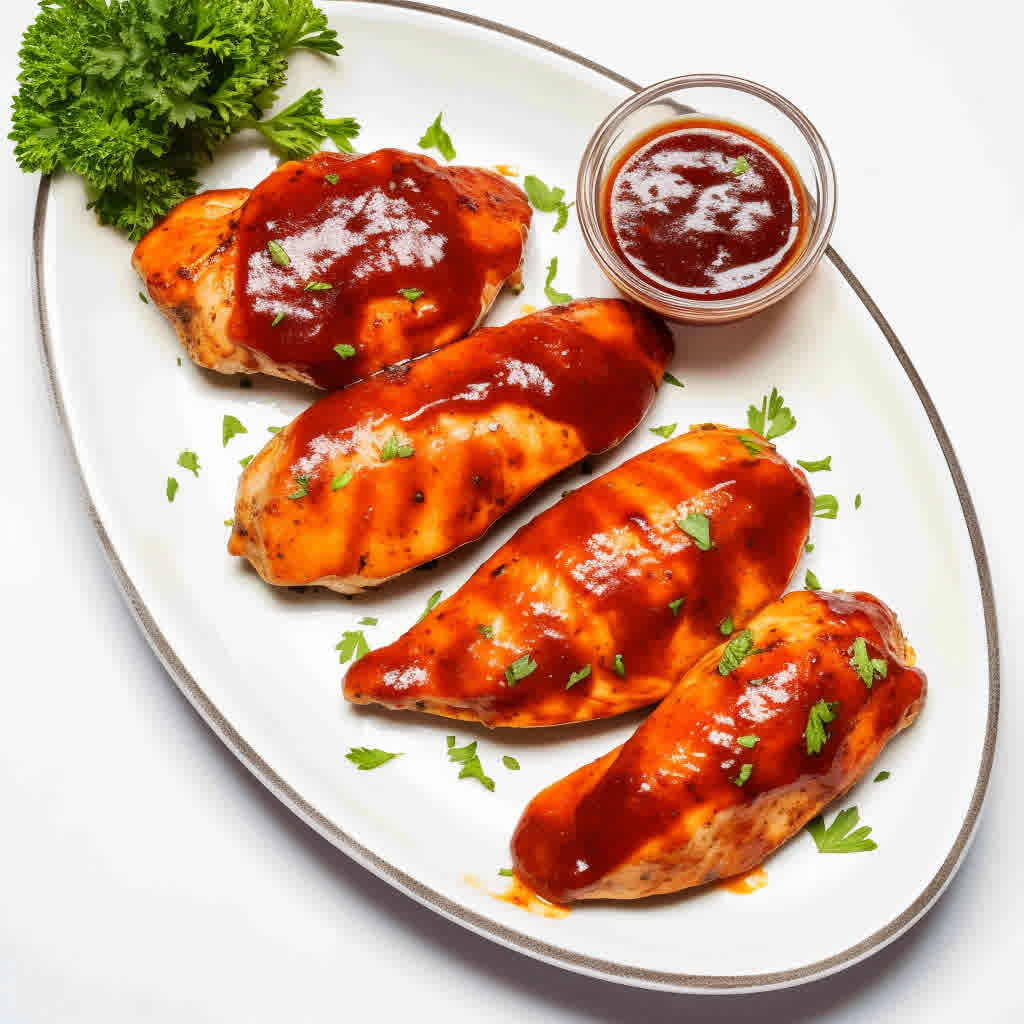 bbq chicken breasts on a white platter garnished with parsley.