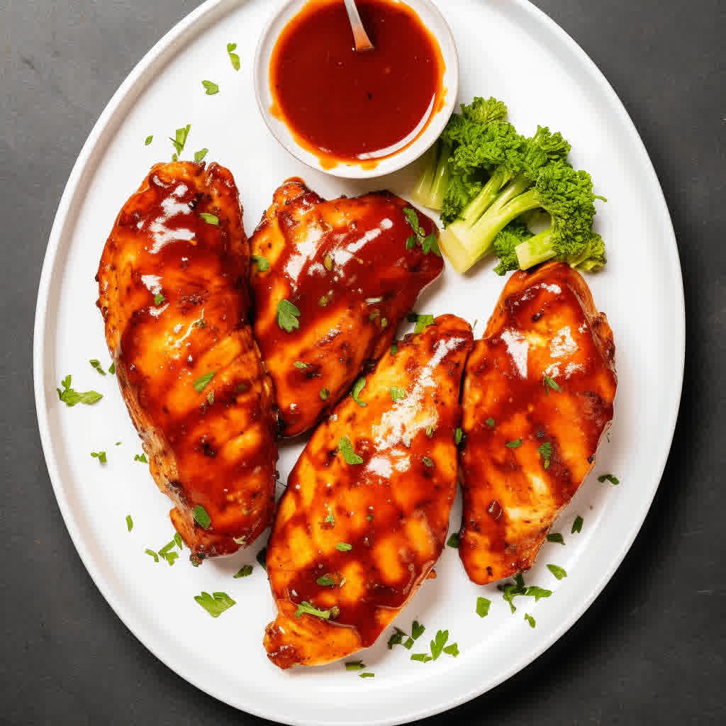 bbq chicken breasts on a white platter garnished with parsley.