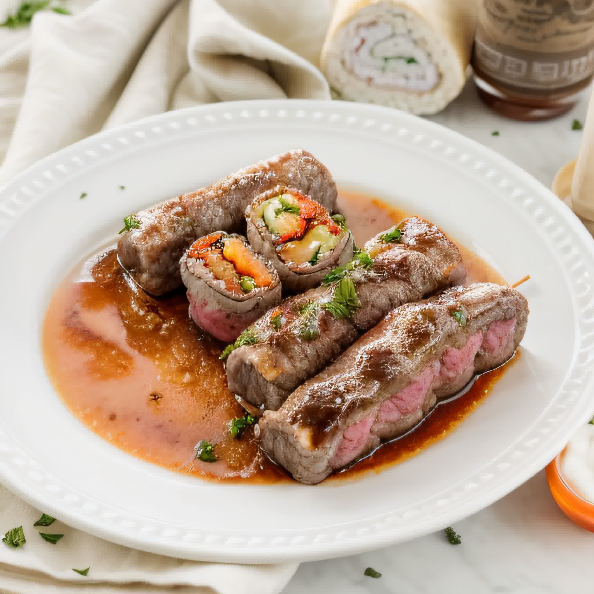 beef rouladen on a plate with a bite taken out of one.