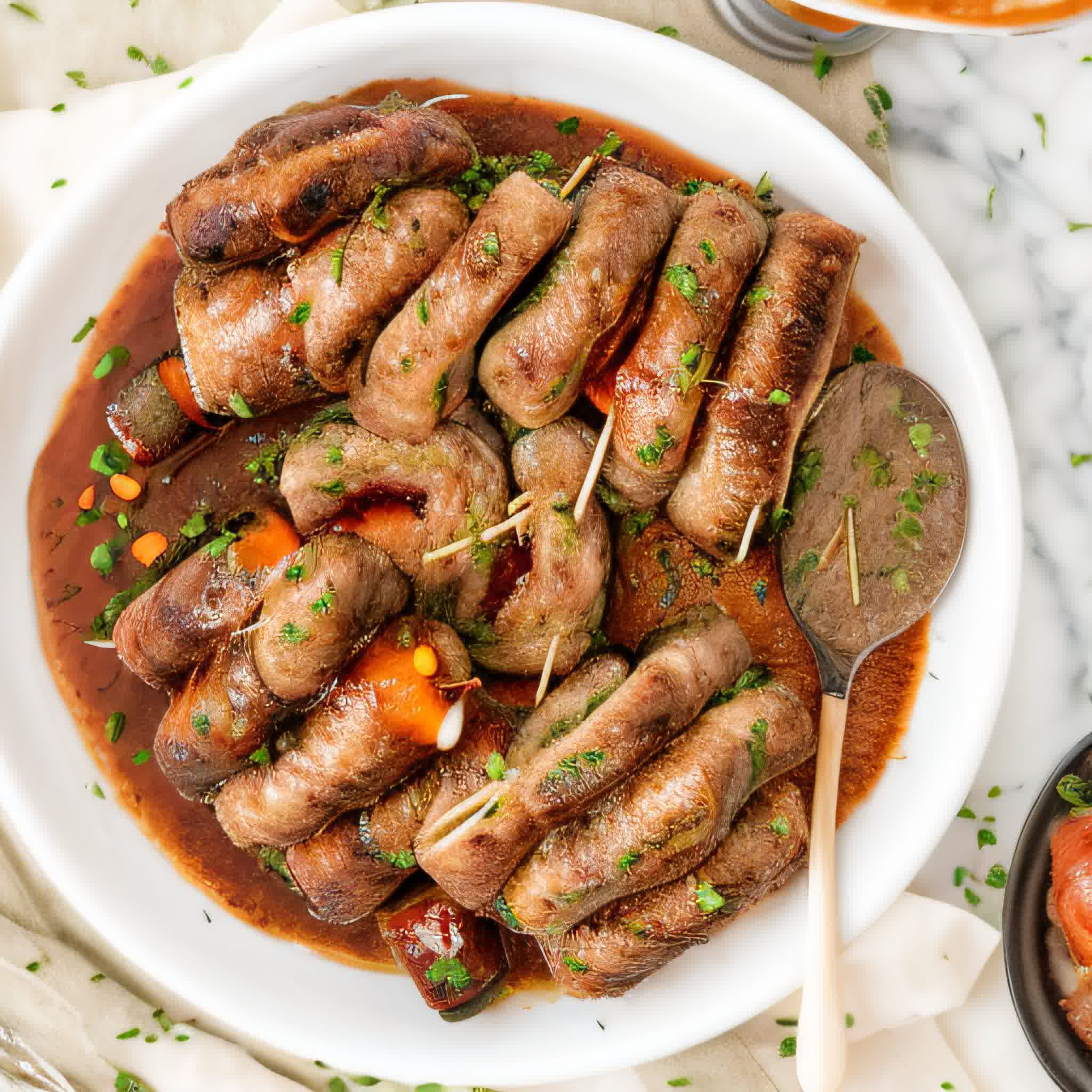 beef rouladen in a large serving bowl with a serving spoon.