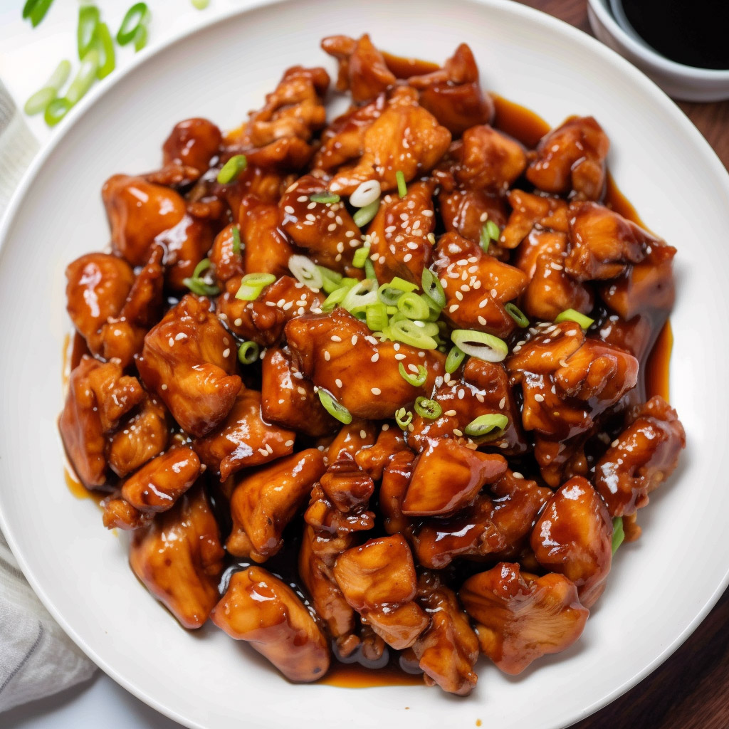 freshly made bourbon chicken in a white bowl garnished with chives.