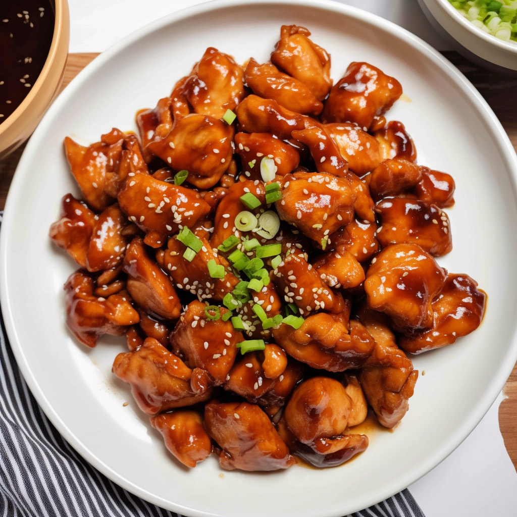 freshly made bourbon chicken in a white bowl garnished with chives.