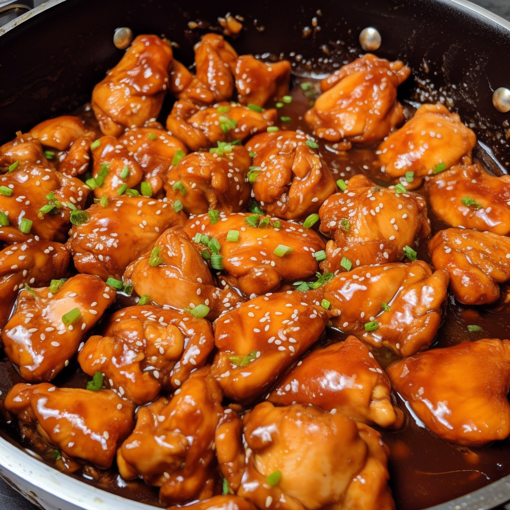 freshly made bourbon chicken in a skillet garnished with chives.