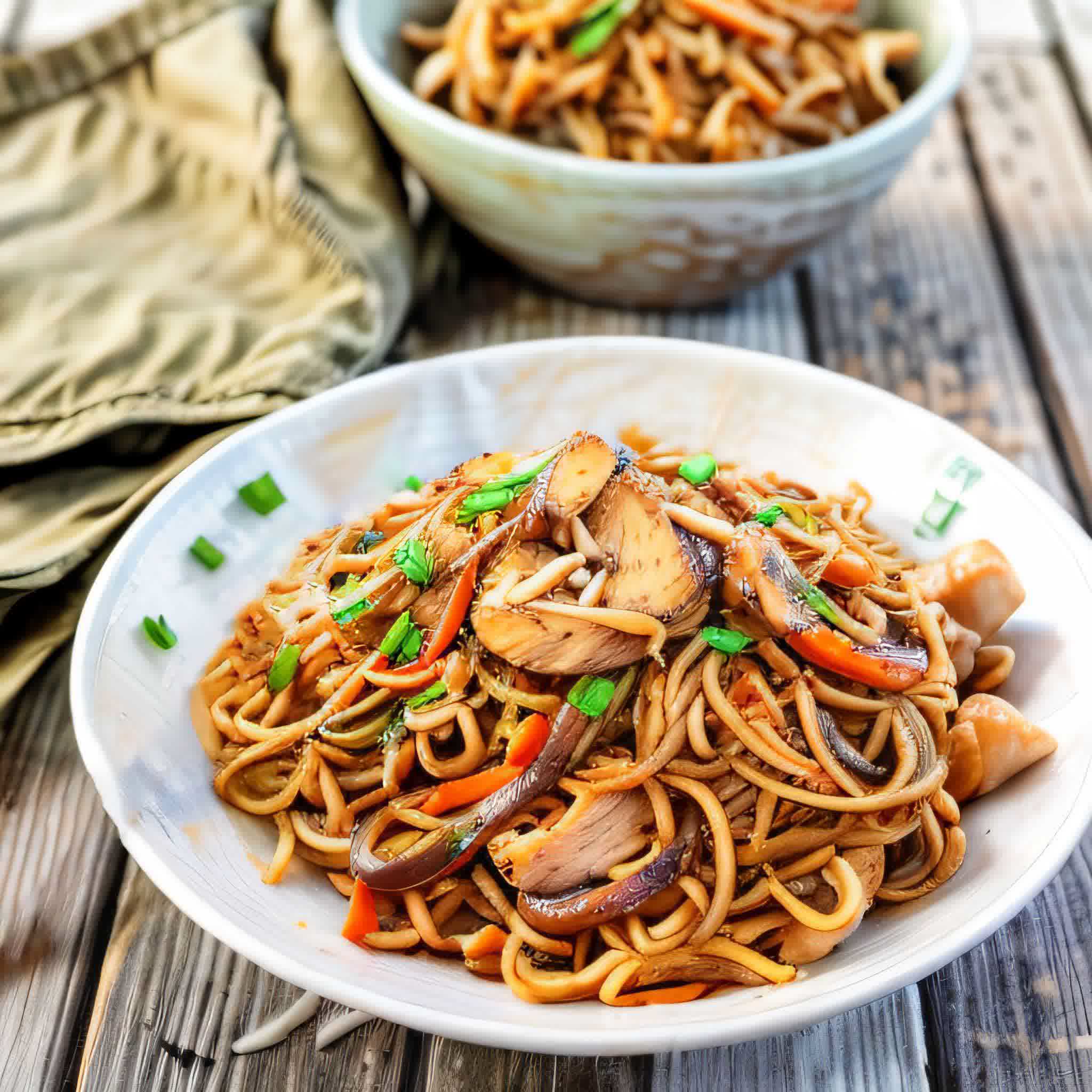 chicken lo mein in a wok.