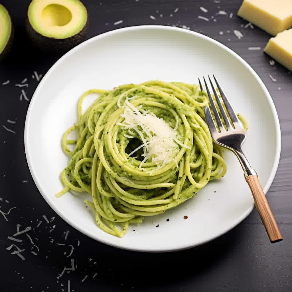 a white bowl with a serving of creamy avocado spinach pasta garnished with parmesan.