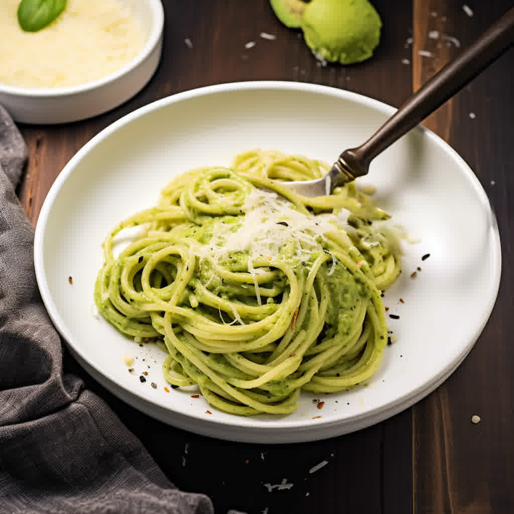 a white bowl with a serving of creamy avocado spinach pasta garnished with parmesan.