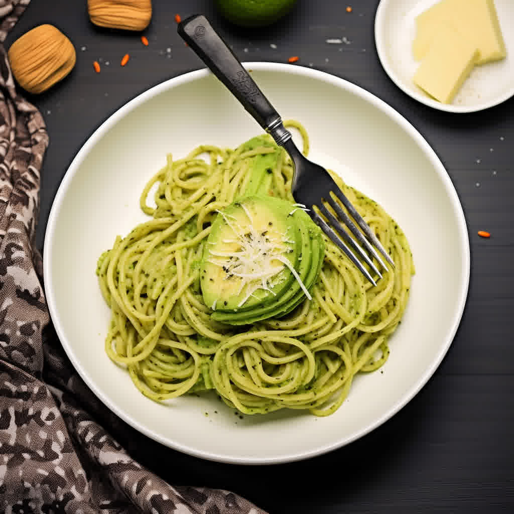 a white bowl with a serving of creamy avocado spinach pasta garnished with parmesan.