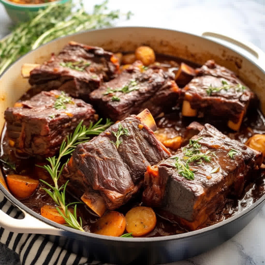 guinness braised short ribs in a dutch oven fresh out of the oven.