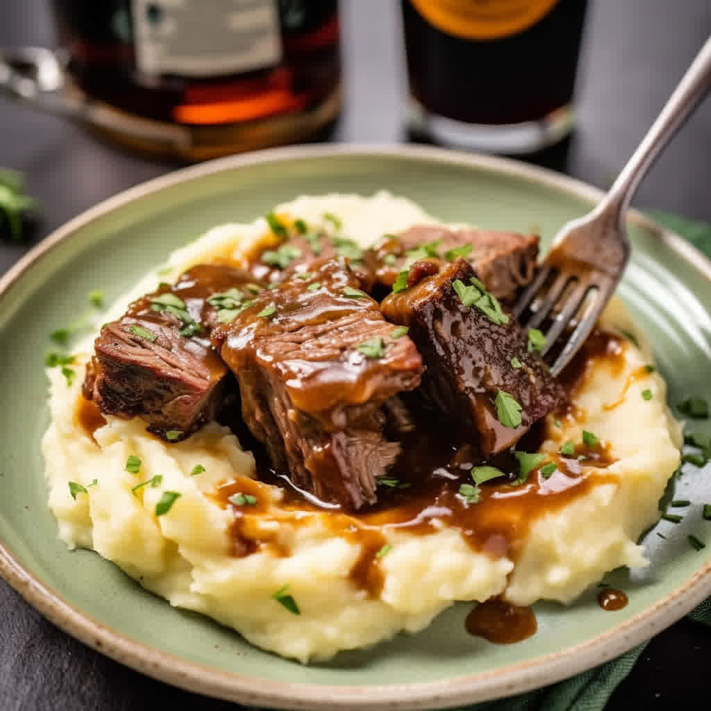 two guinness braised short ribs on a bed of mashed potatoes in a plate.