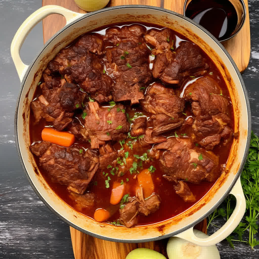 guinness braised short ribs in a dutch oven fresh out of the oven.