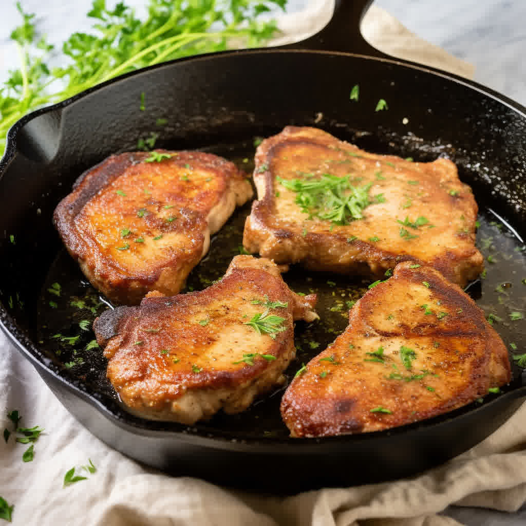 italian breaded pork chops in a cast iron skillet garnished with some parsley.