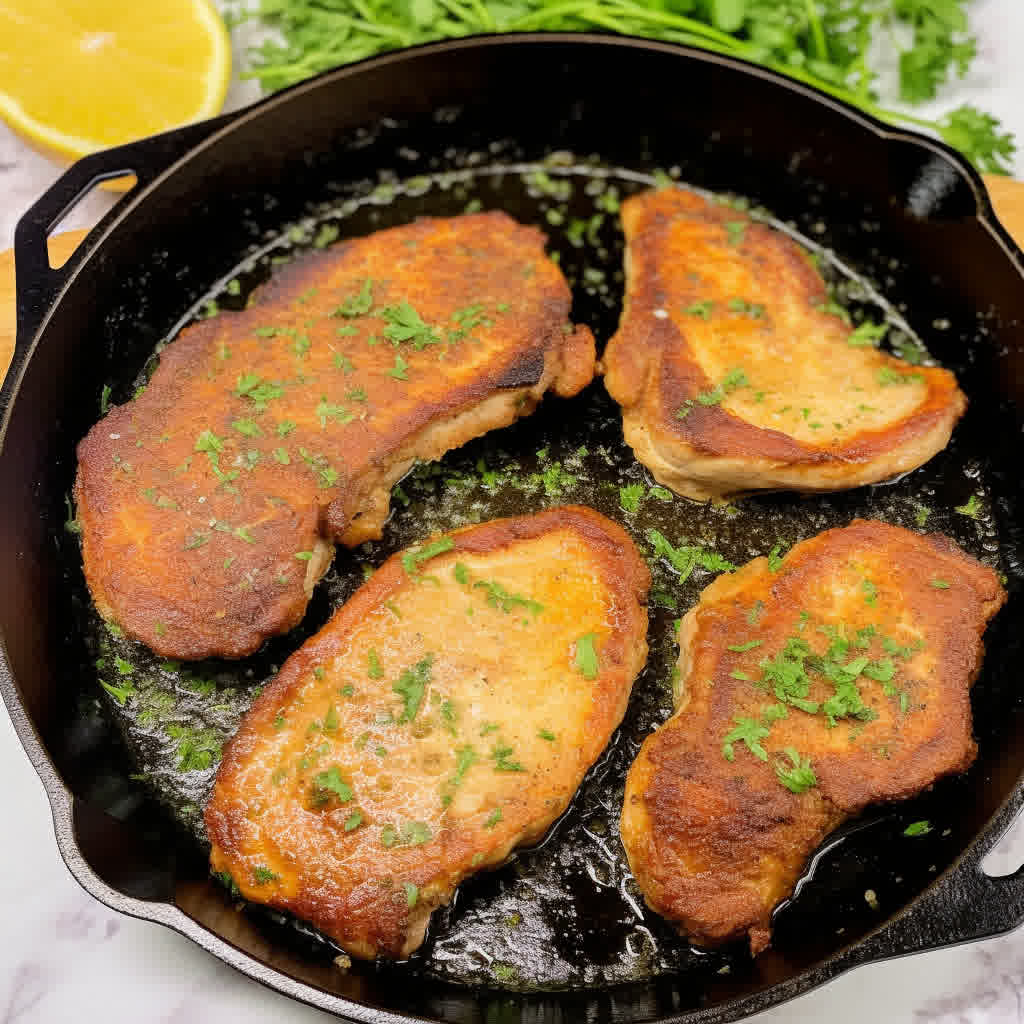 italian breaded pork chops in a cast iron skillet garnished with some parsley.