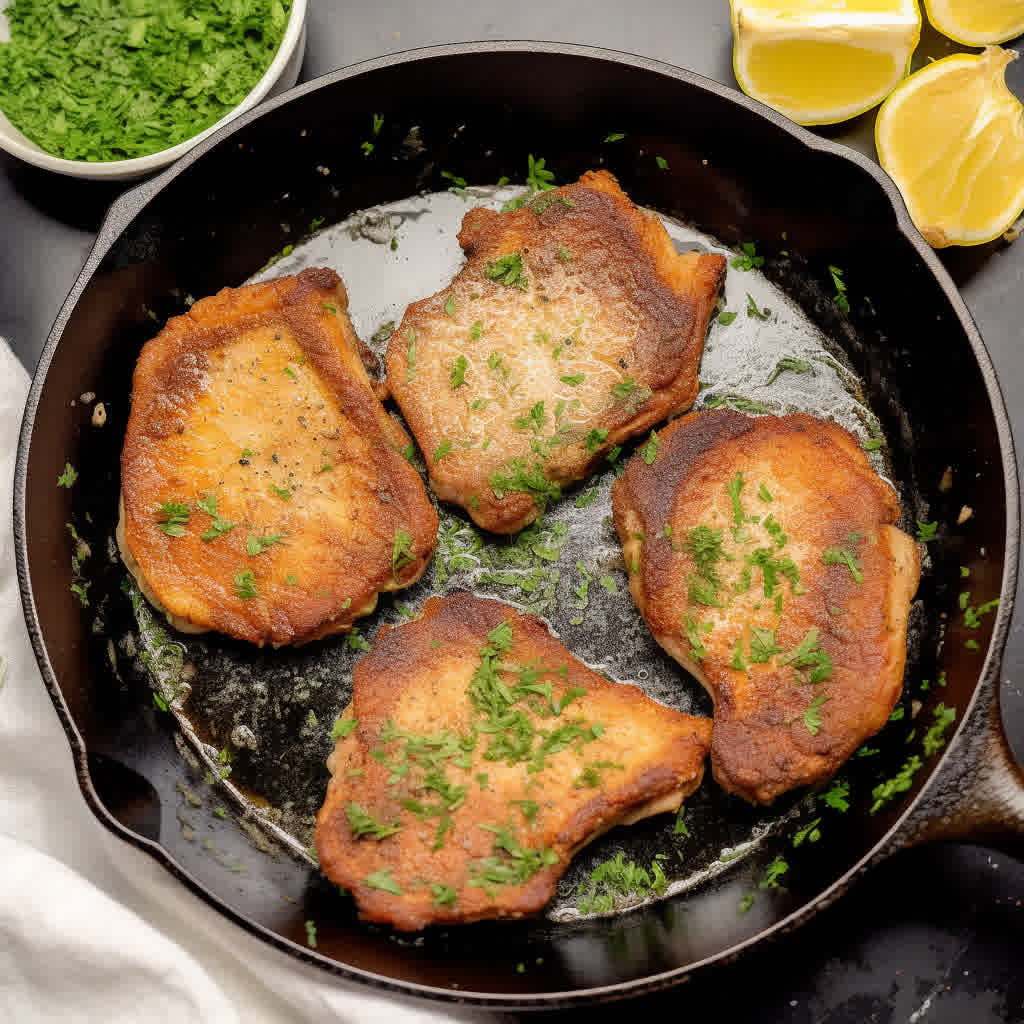 italian breaded pork chops in a cast iron skillet garnished with some parsley.