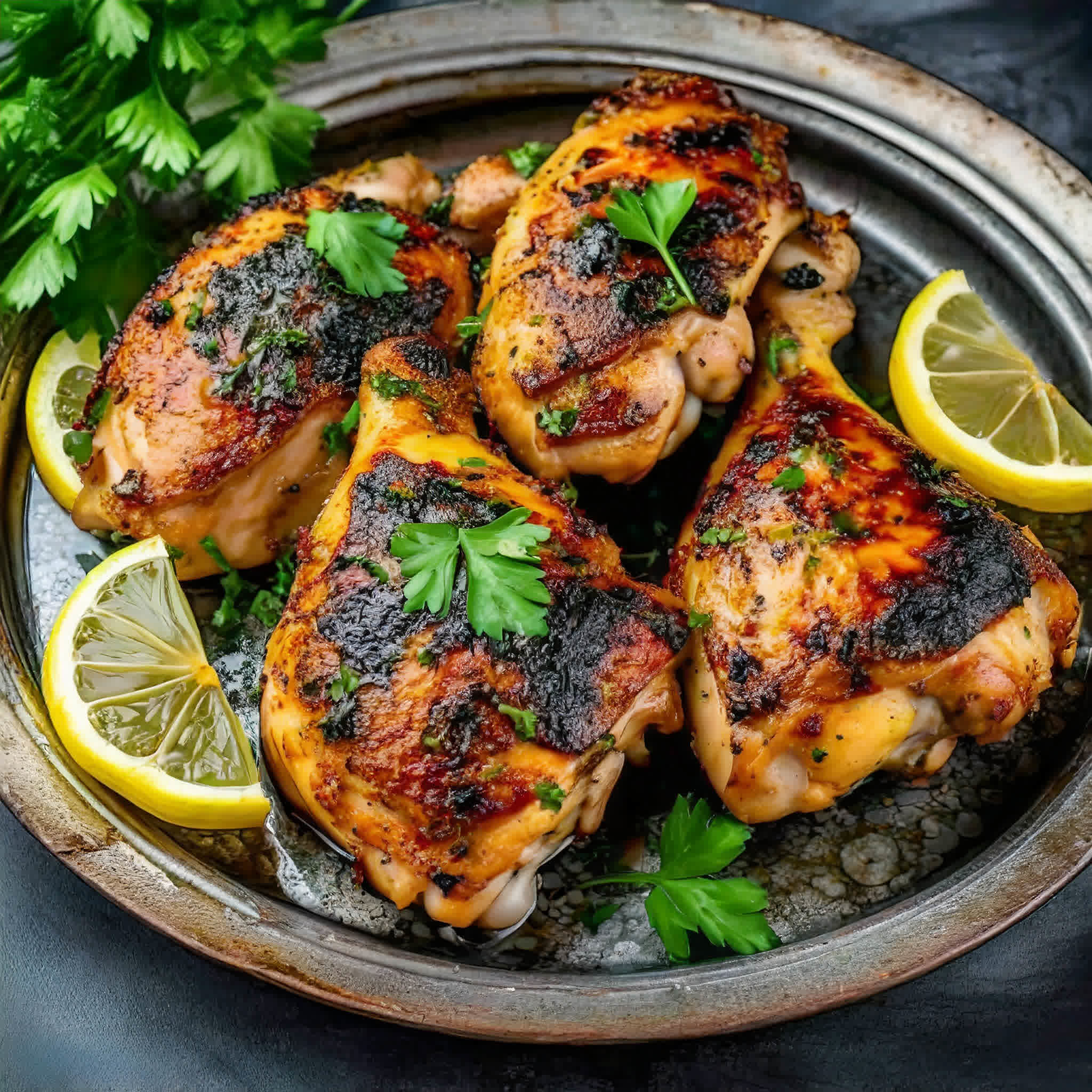 jerk chicken thighs on a platter garnished with lemon wedges and parsley.