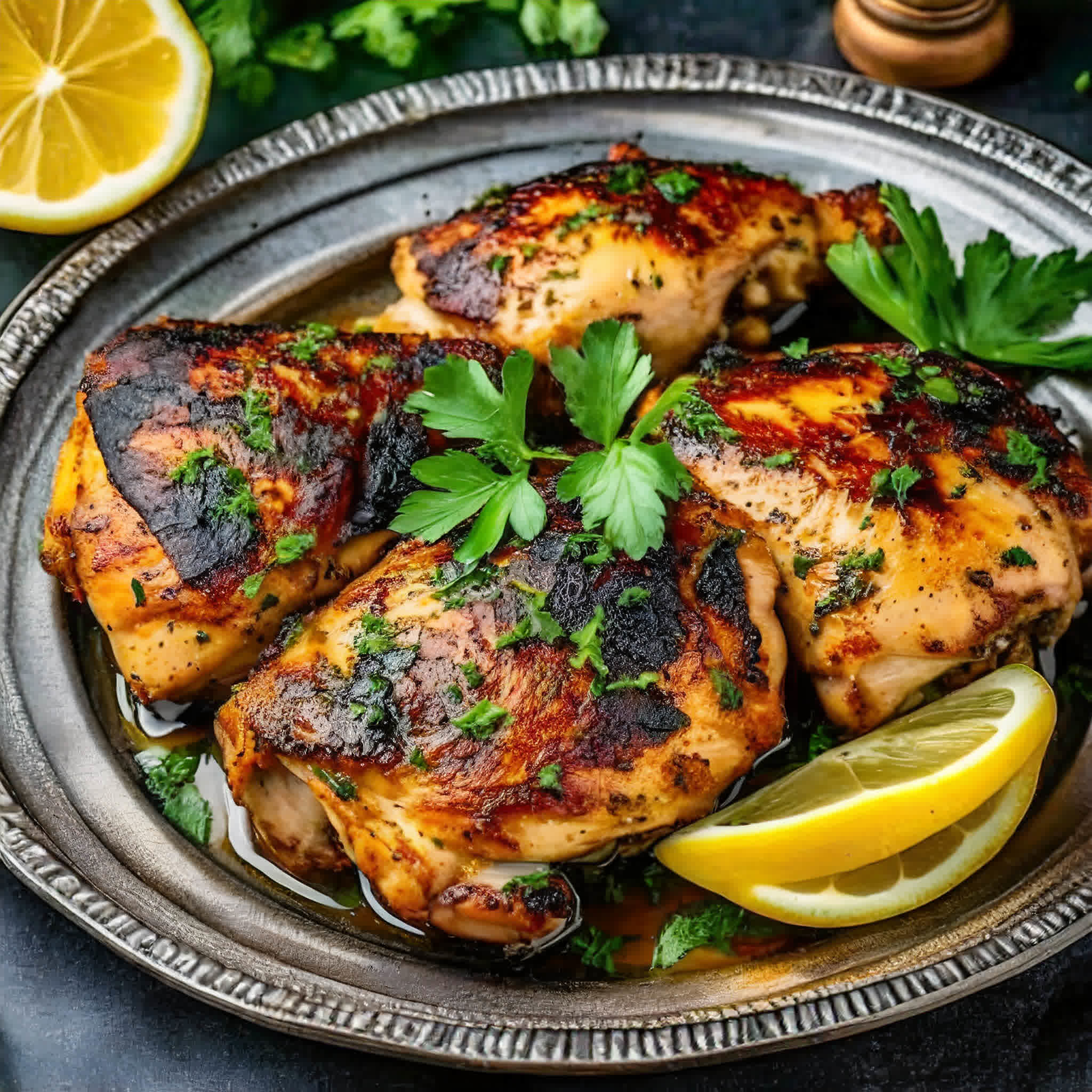 jerk chicken thighs on a platter garnished with lemon wedges and parsley.