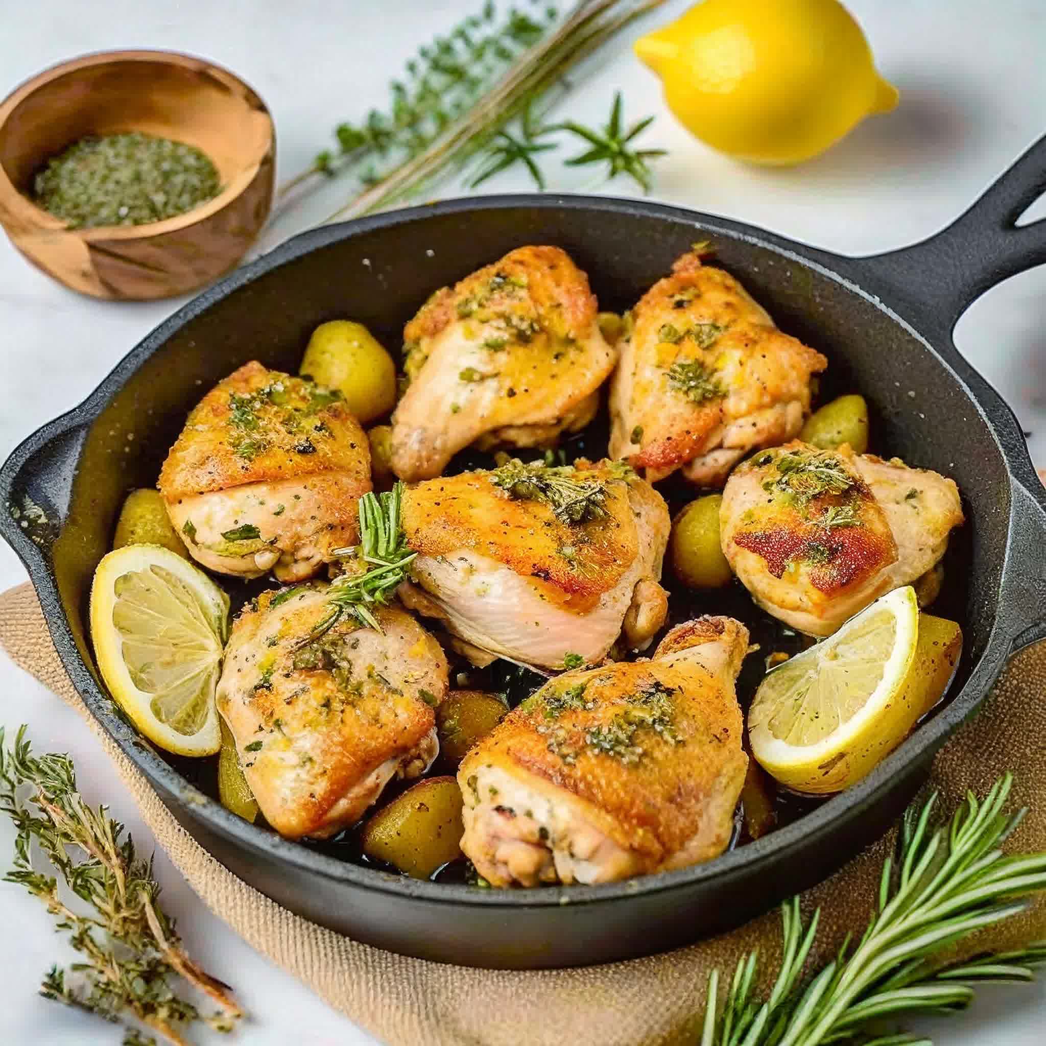 lemon herb chicken and potatoes in a skillet garnished with rosemary and lemon slices.