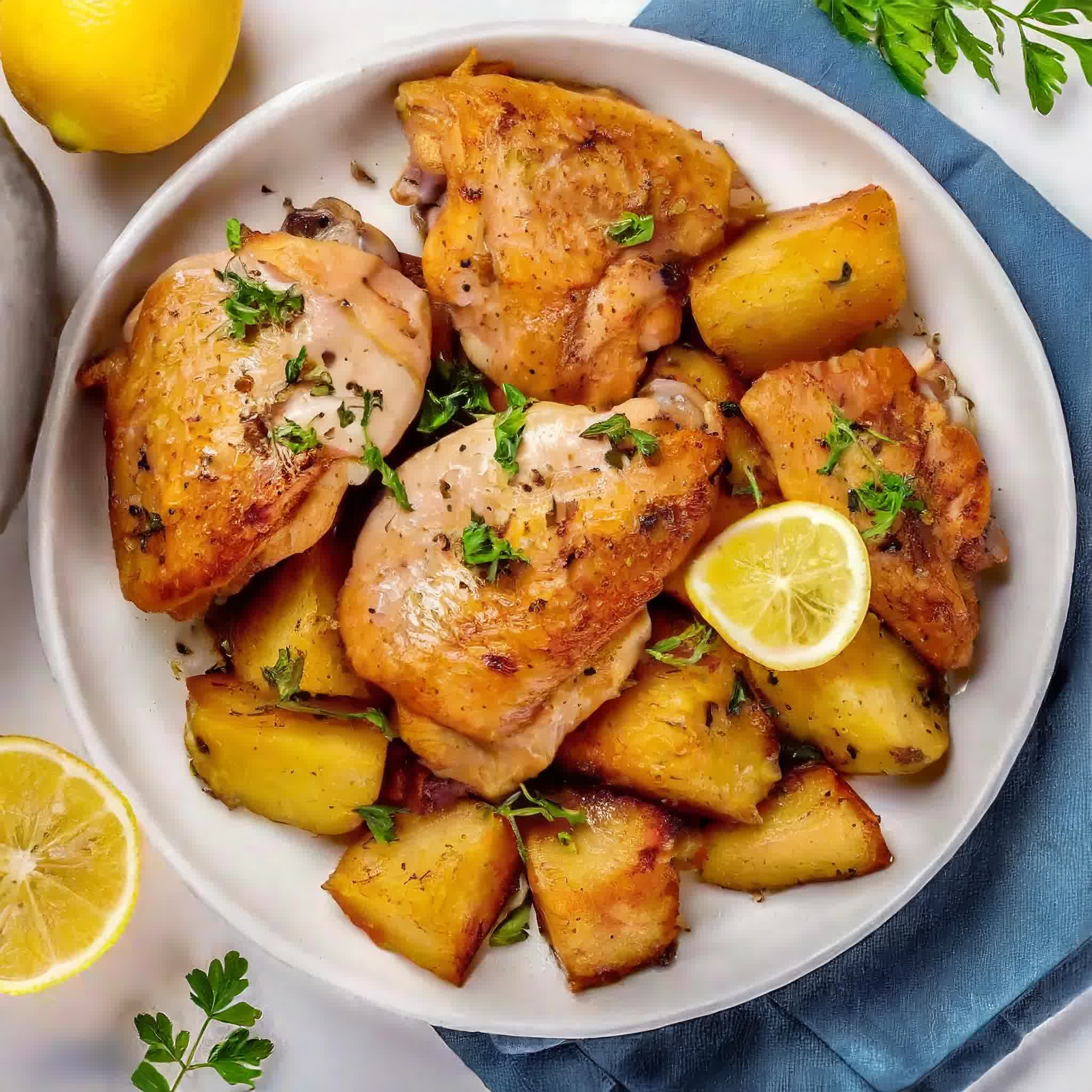 lemon herb chicken and potatoes in a white bowl garnished with lemon wedges and rosemary.