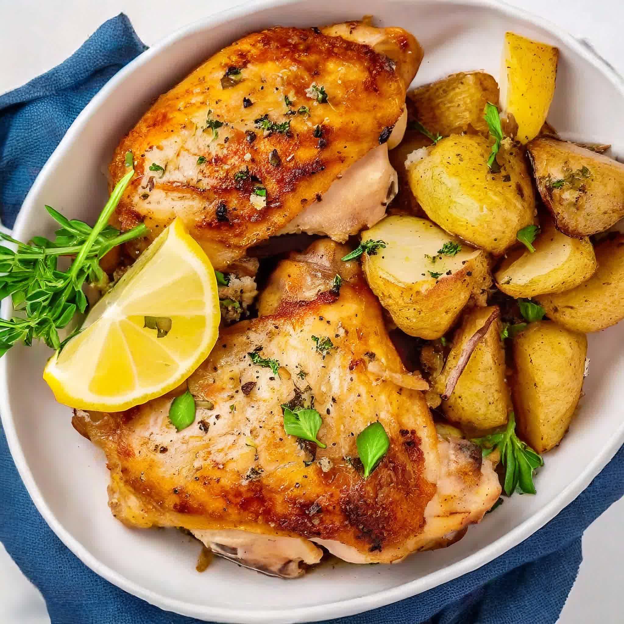 lemon herb chicken and potatoes in a white bowl garnished with lemon wedges and rosemary.