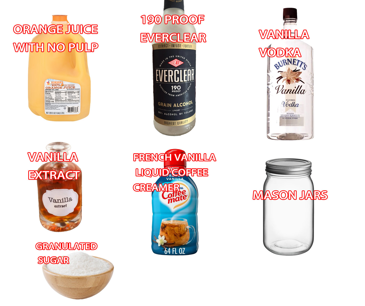 ingredients needed to make Orange Creamsicle MOONSHINE