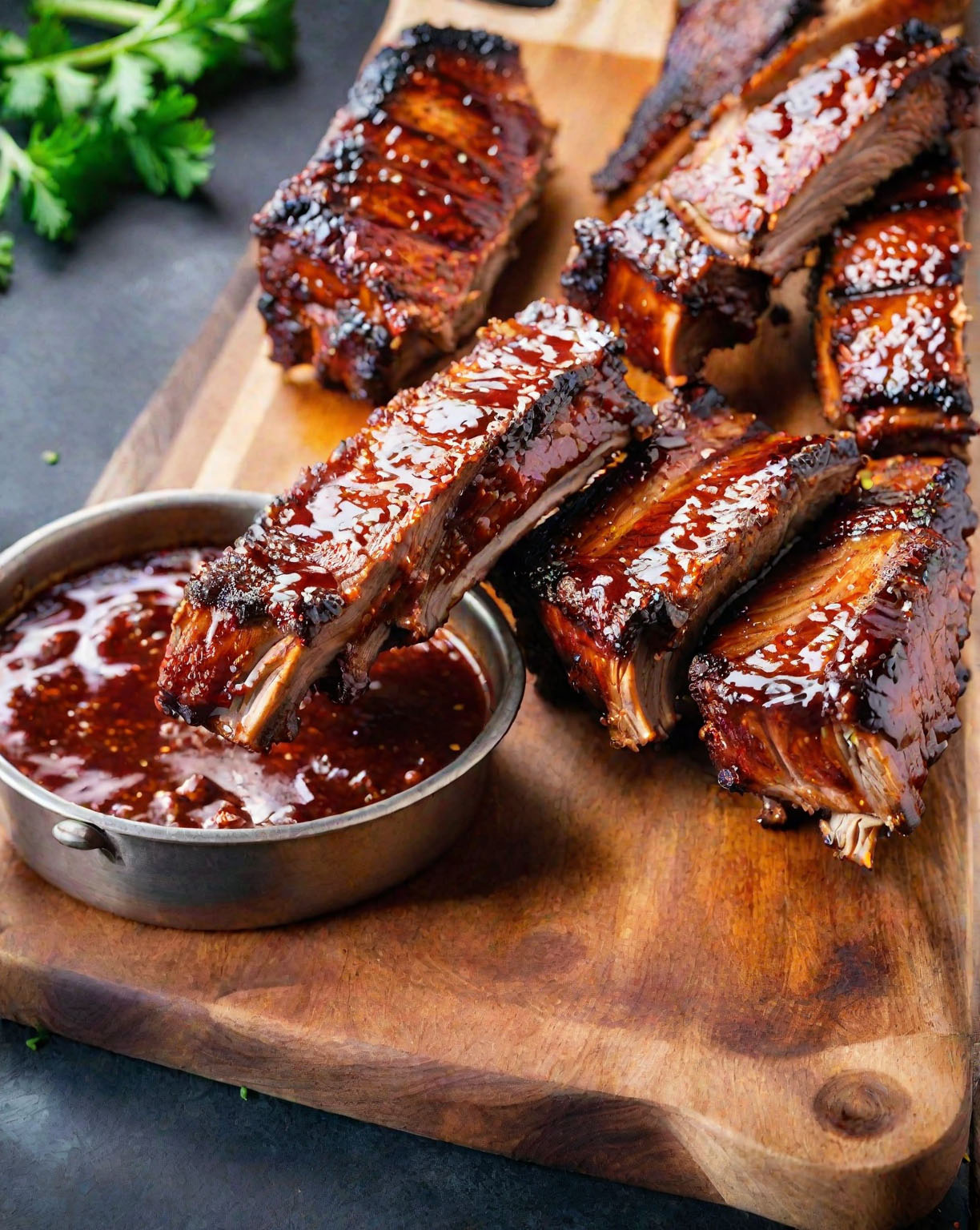 cut up oven baked bbq ribs with bbq sauce on a cutting board.