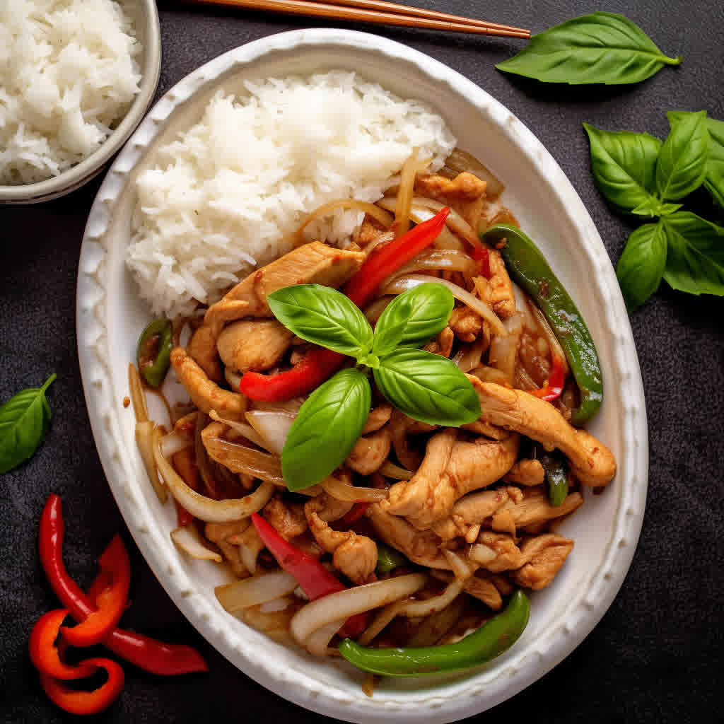 freshly made oyster sauce chicken in a white serving platter garnished with some basil.