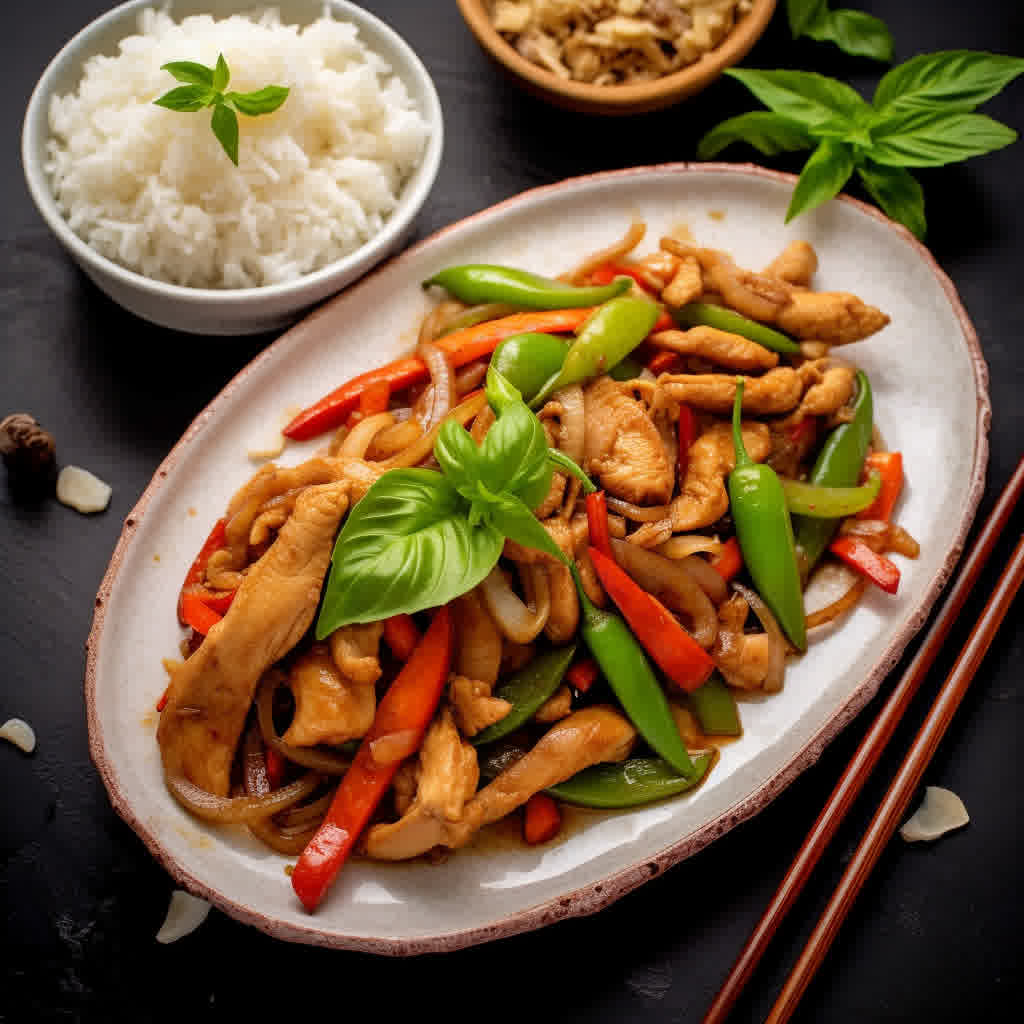 freshly made oyster sauce chicken in a white serving platter garnished with some basil.