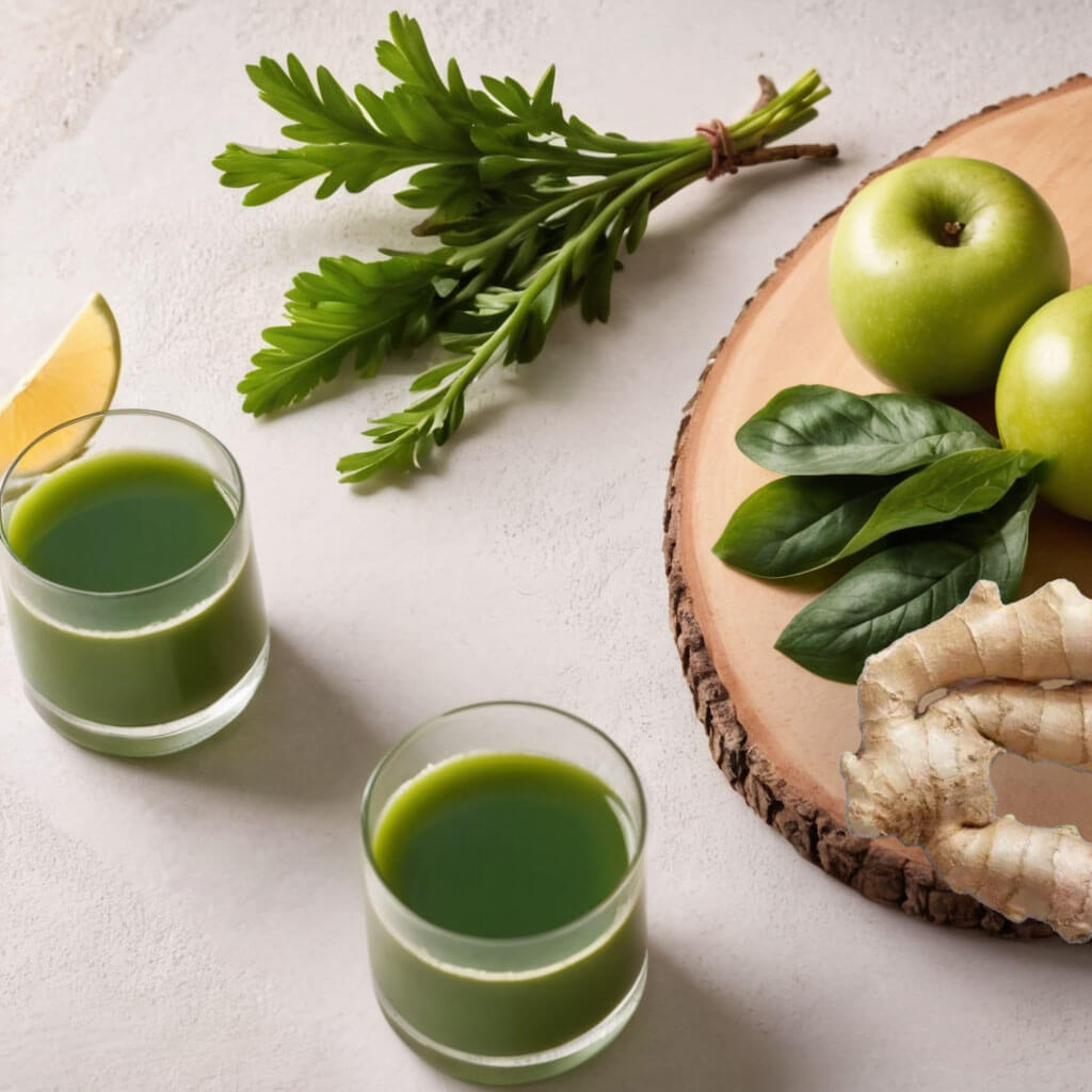 two glasses of green juice with the ingredients, spinach, celery, green apple, ginger, lemon and parsley on a wood cutting board