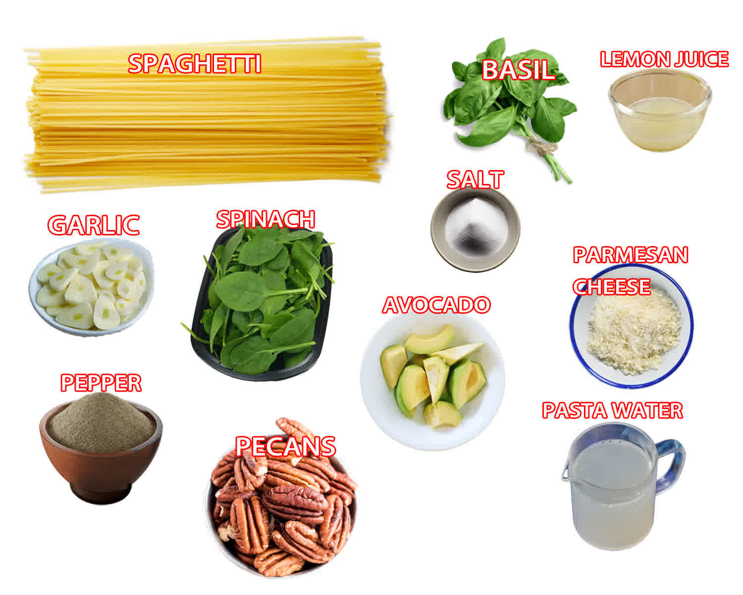 ingredients needed to make creamy avocado spinach pasta.