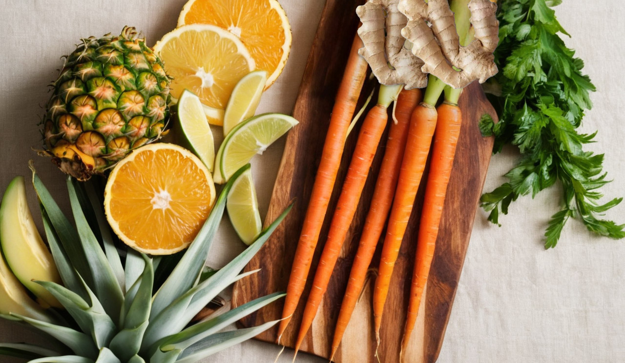 carrot orange pineapple juice ingredients on a cutting board