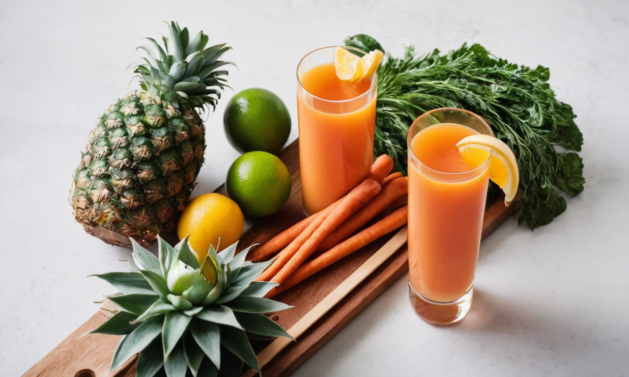 two glasses of carrot orange pineapple juice with recipe ingredients on a table