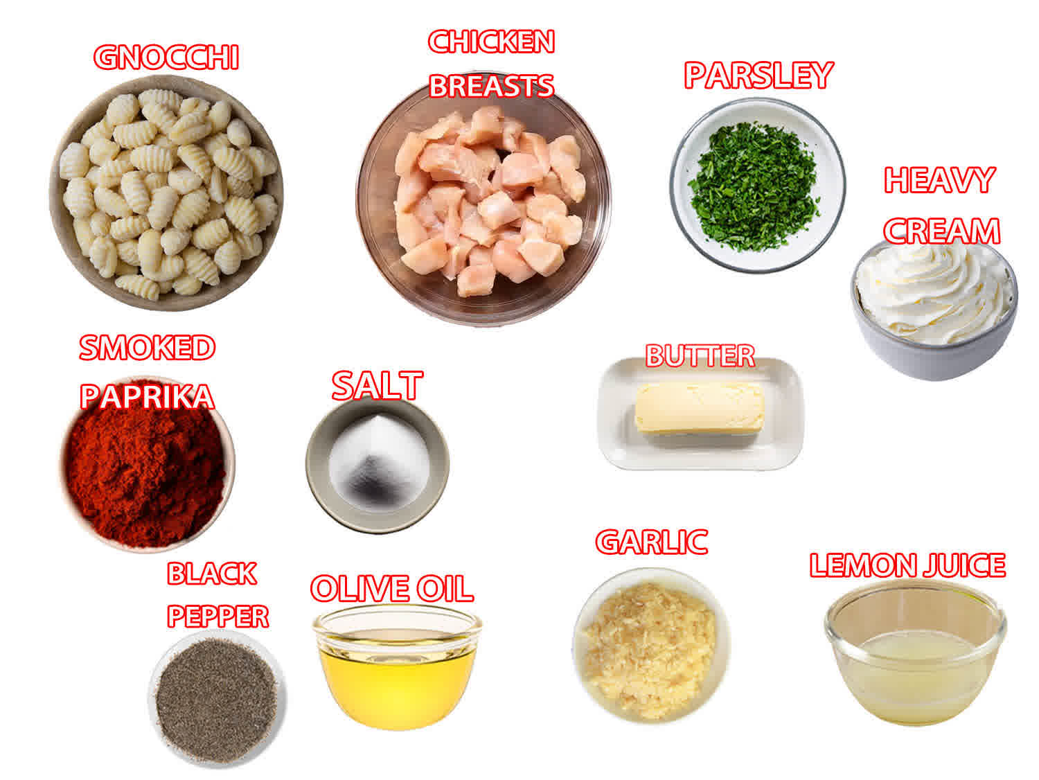 ingredients needed to make garlic butter chicken gnocchi.