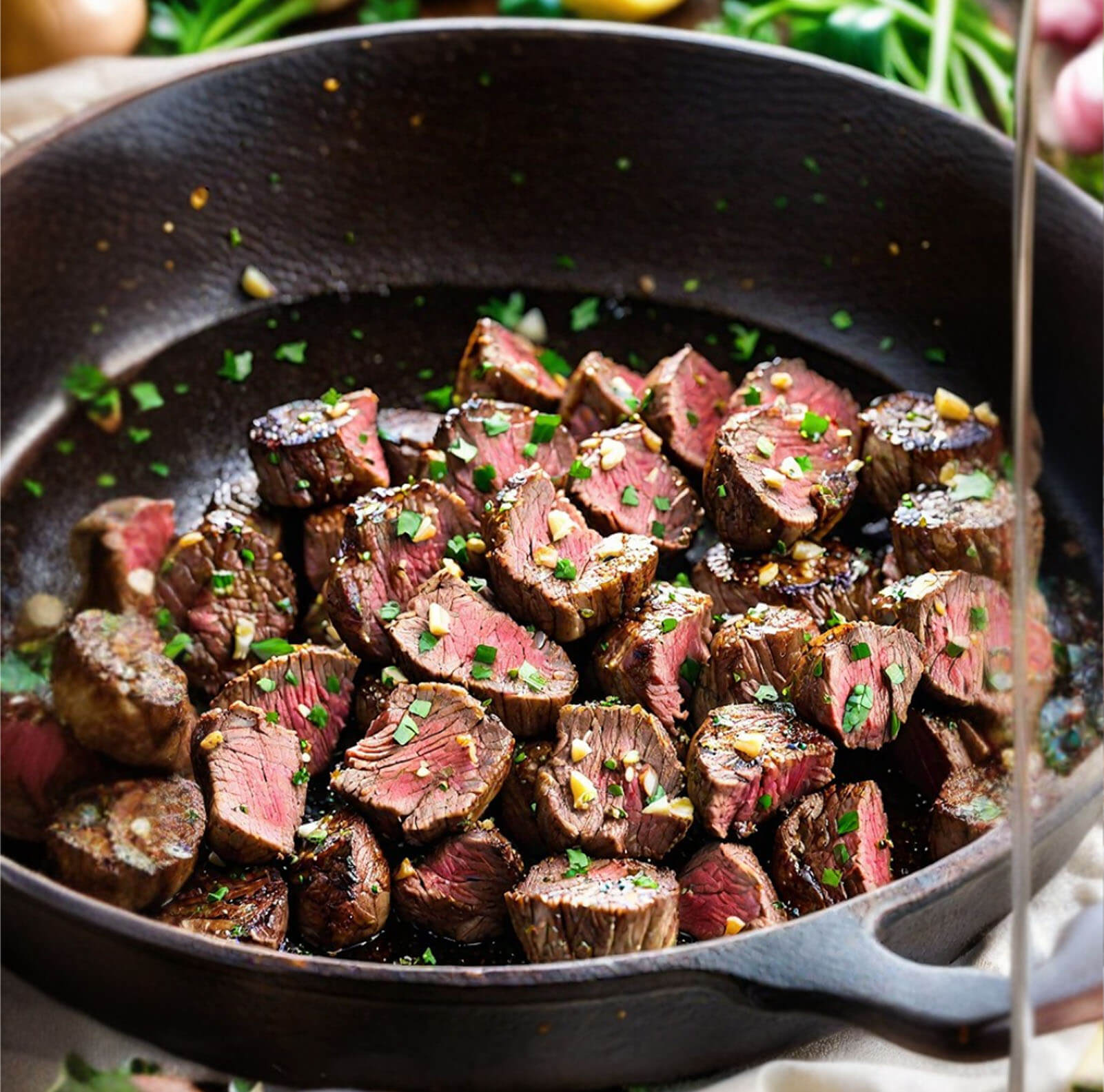 garlic butter steak bites in a black cast iron skillet.