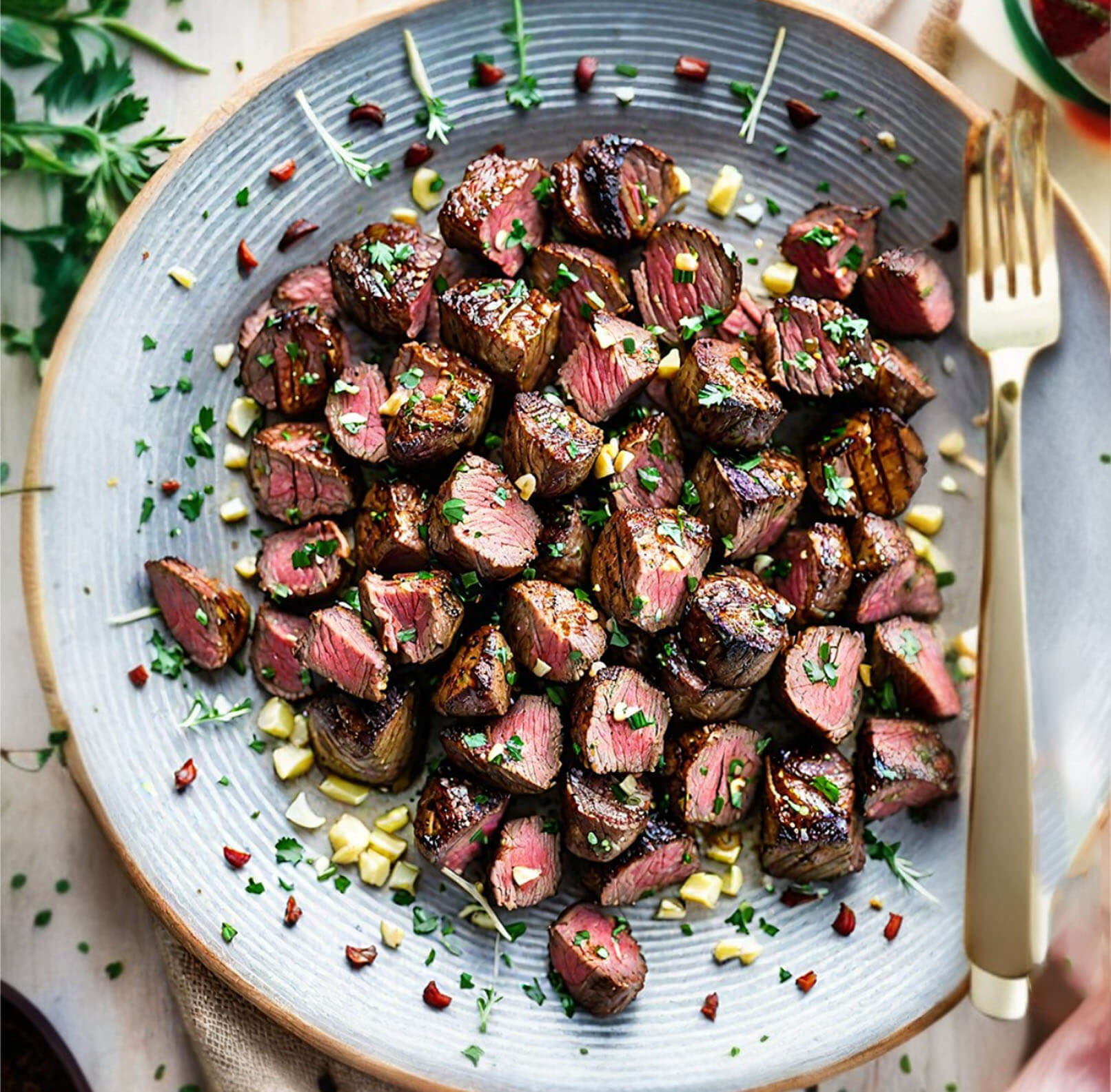 garlic butter steak bites in a blue bowl.