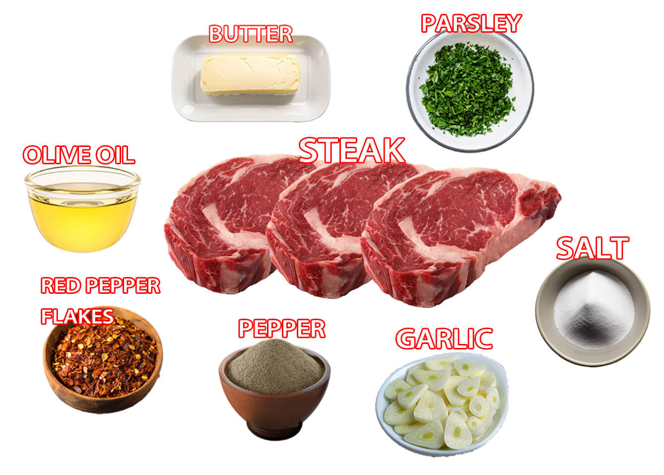 ingredients needed to make garlic butter steak bites.