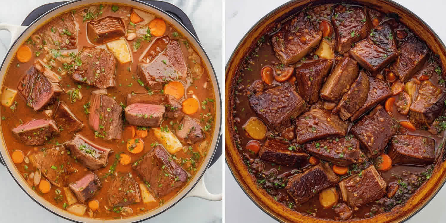 process shots showing how to make guinness braised short ribs.