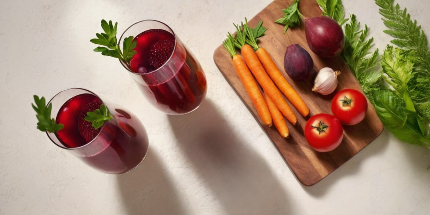 homemade V8 juice on a table with tomatoes and recipe ingredients