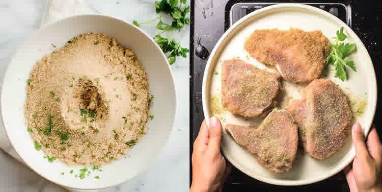 process shots showing how to make italian breaded pork chops.