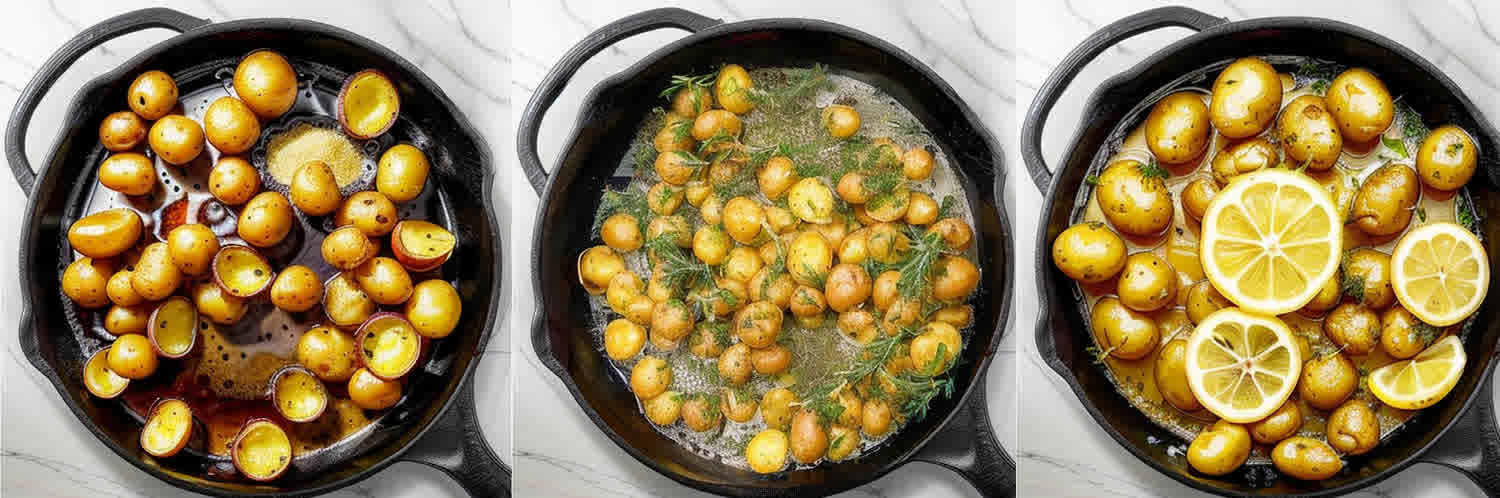 process shots showing how to make lemon herb chicken and potato skillet.