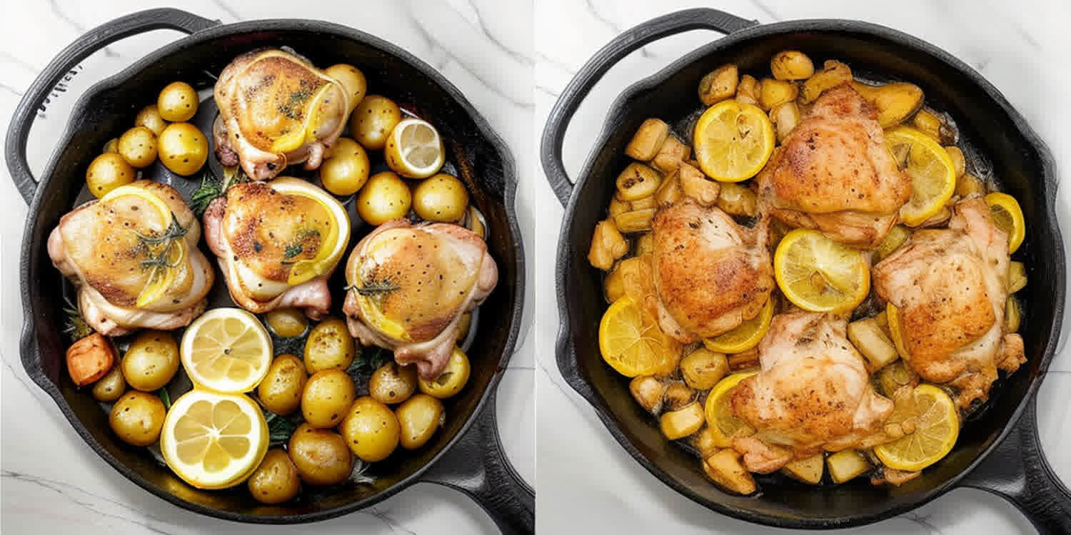 process shots showing how to make lemon herb chicken and potato skillet.